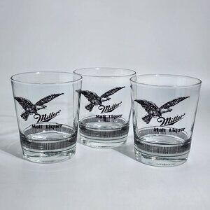 Miller Malt Liquor Lowball Glass Tumblers With American Eagle Design Set Of 3 VT